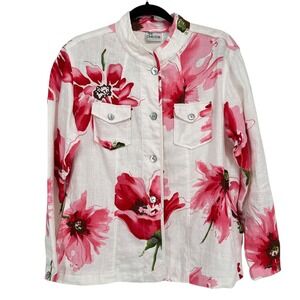 Chico's Size 2 Floral Linen Button Down Jacket Red Pink Flowers Lightweight‎ 12